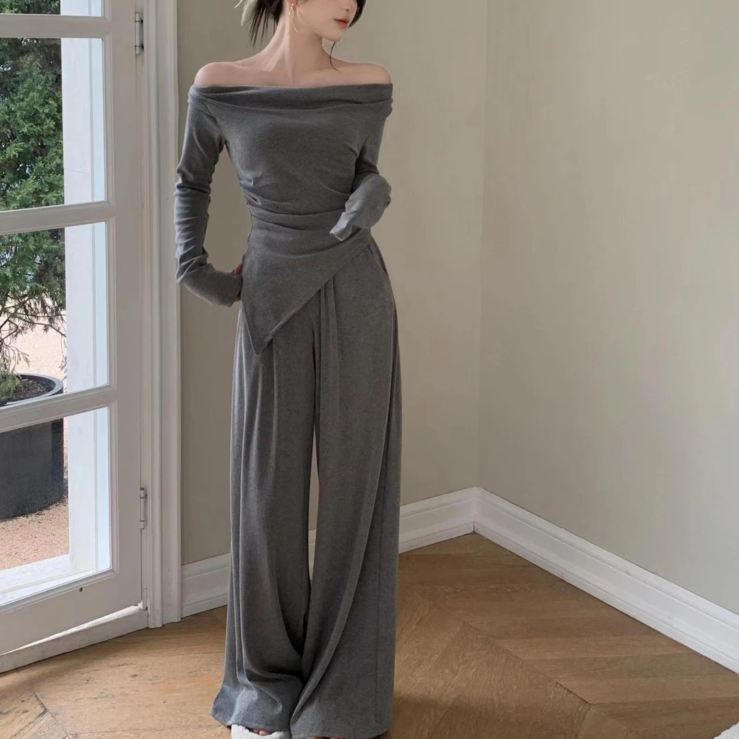 2024早春修身一字肩不规则褶皱时尚套装长袖高腰遮肉大码女装套装