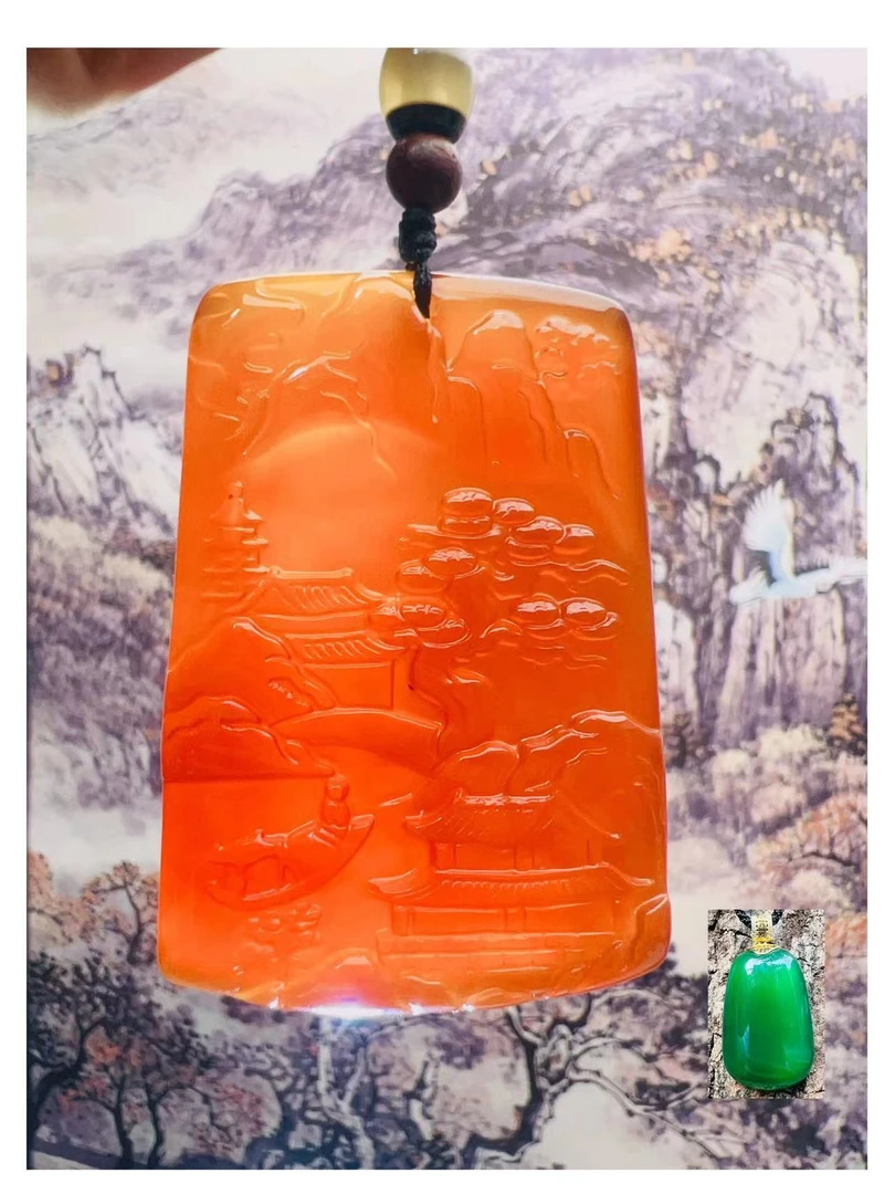 牛血红山水牌-玛瑙-送平安无事牌送礼盒送证书
