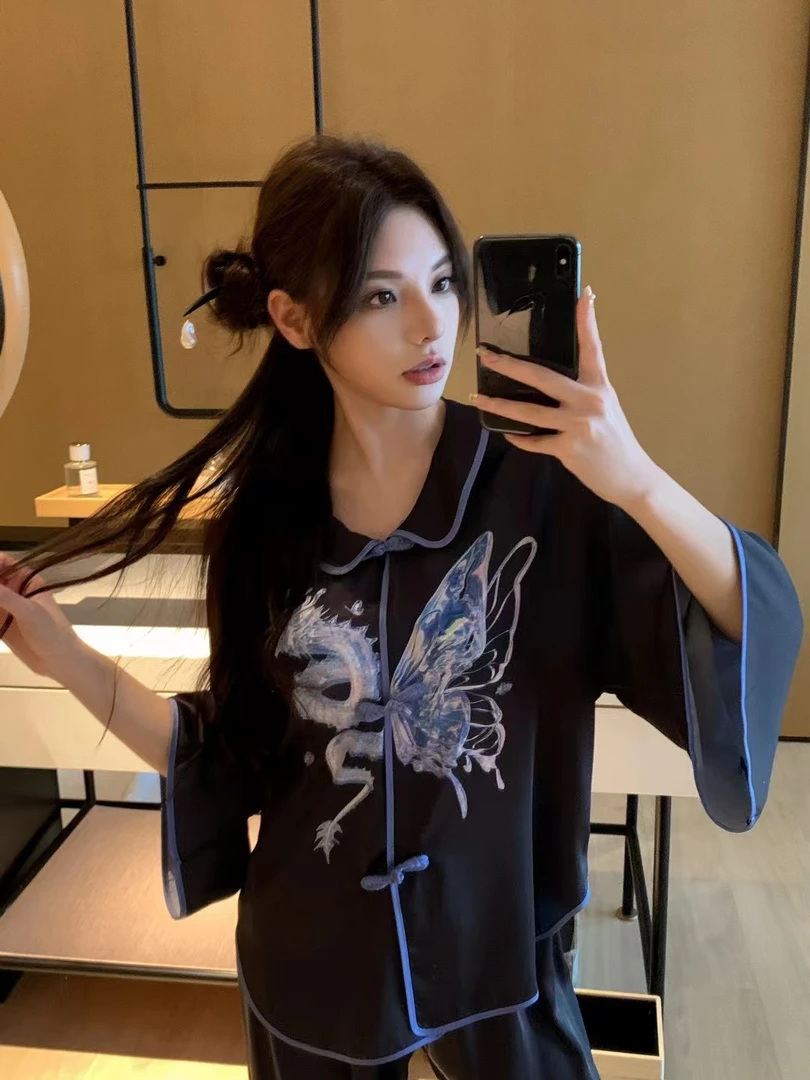 蝴蝶爆款国风夏季新款冰丝长袖性感长裤可外家居服睡衣套装两件