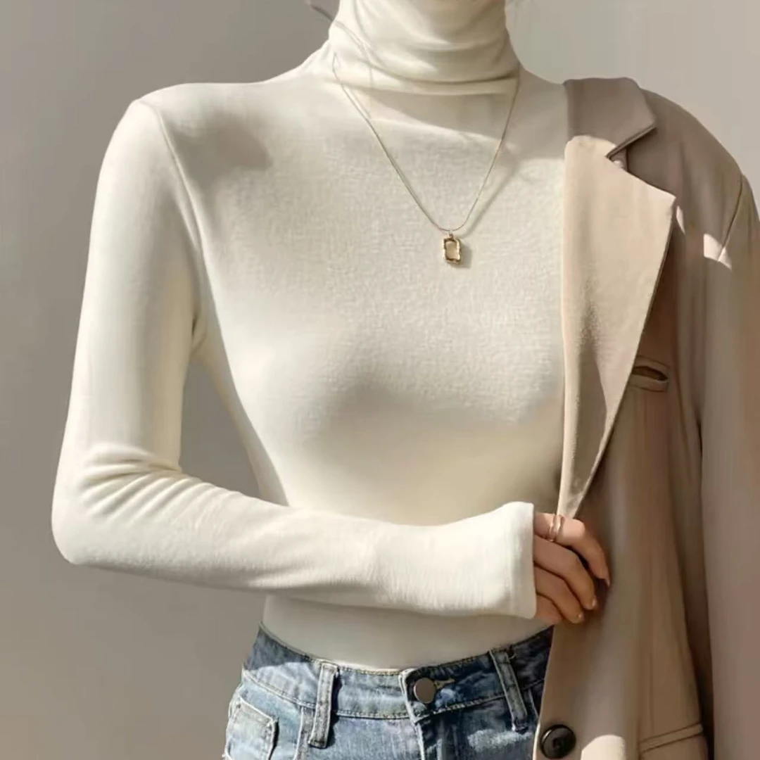 婷婷家高领打底衫女内搭秋冬磨毛黑色德绒堆堆领长袖t恤上衣