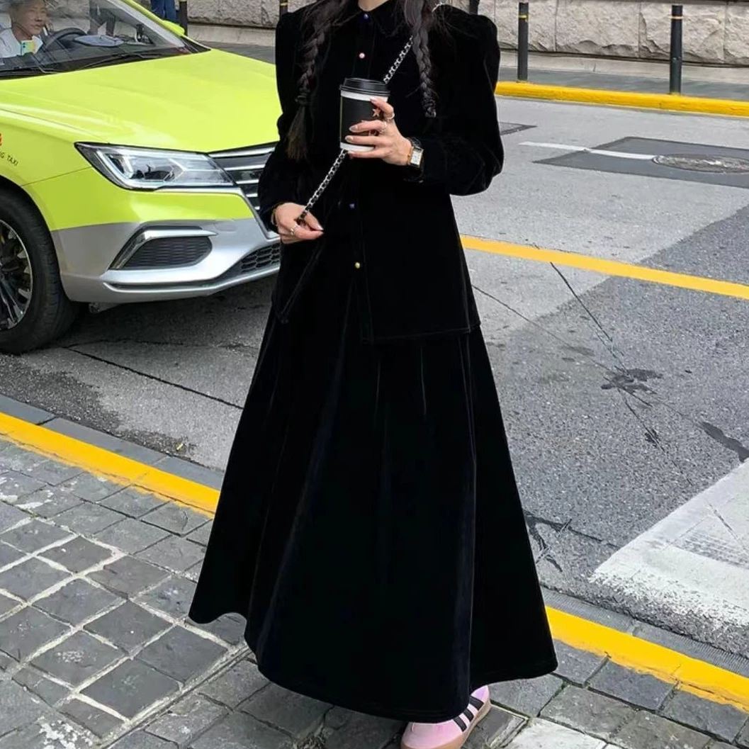 婷婷家小香风黑色高腰半身裙女新款宽松中长款垂感a字半裙两件套