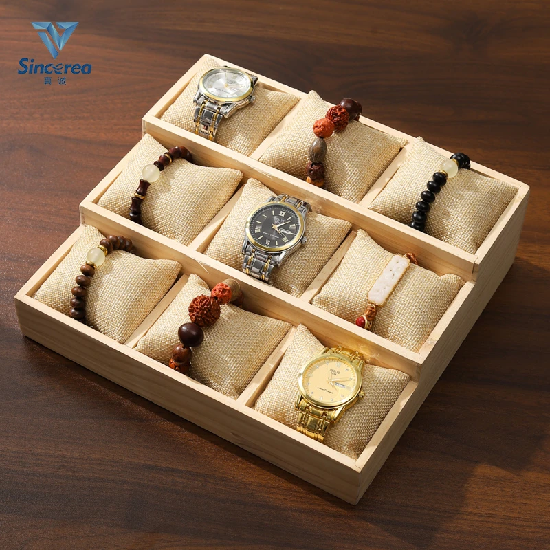 首饰展示架 三层梯形麻布枕头盘手表盘手串文玩银饰展架实木托盘