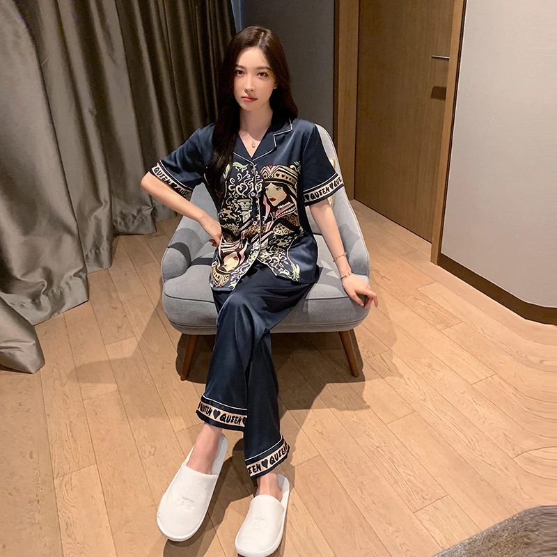 春秋季睡衣女冰丝春夏款短袖长裤大牌风夏天大码可外穿卡通家居服