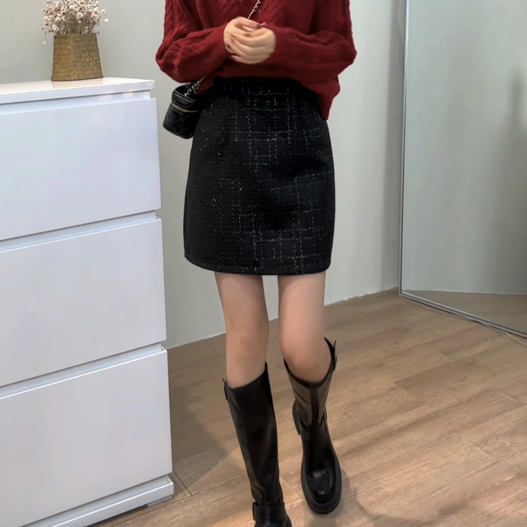 秋冬小香风亮丝黑色半裙2023冬季复古气质百搭遮肉时尚显瘦半身裙