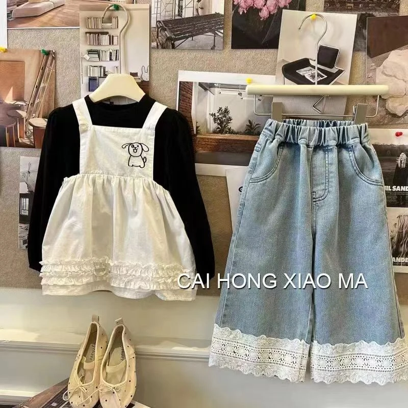 2024秋款女宝宝裤子软牛仔韩版百搭洋气宽松休闲阔腿裤蕾丝牛仔裤