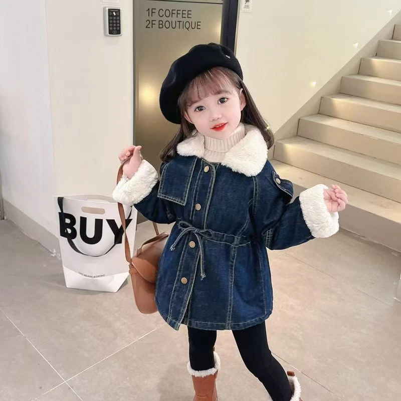 升级版儿童冬季加绒牛仔棉衣女童保暖加厚翻领韩版洋气外套派克服