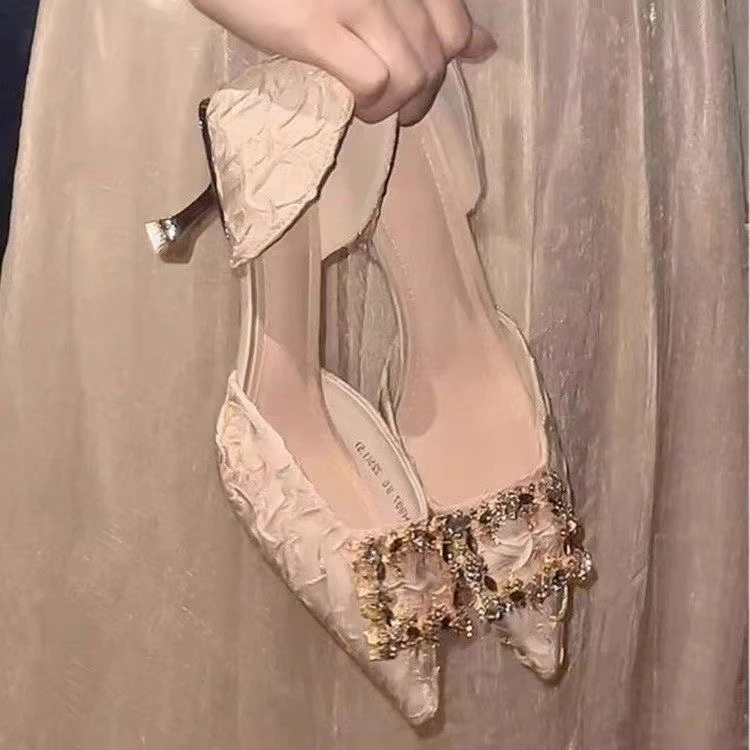 法式气质百搭高跟鞋女春秋水钻尖头细跟伴娘鞋日常单鞋包头凉鞋夏