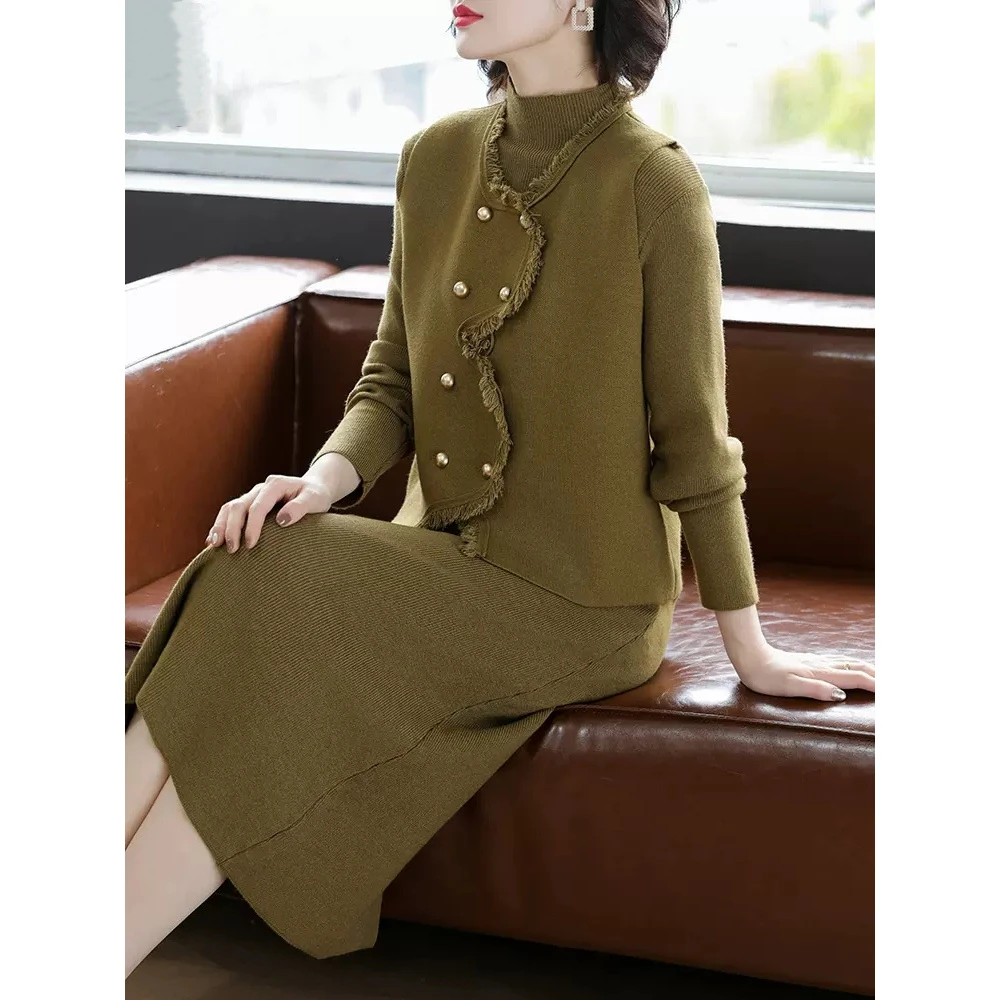 妈妈冬装套装连衣裙洋气马甲针织打底裙中年女装高贵毛衣裙两件套