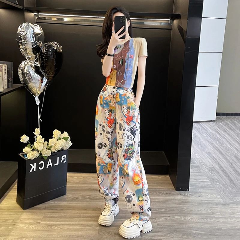 潮版时尚套装女夏季新款修身显瘦高腰个性长裤减龄印花短T两件套