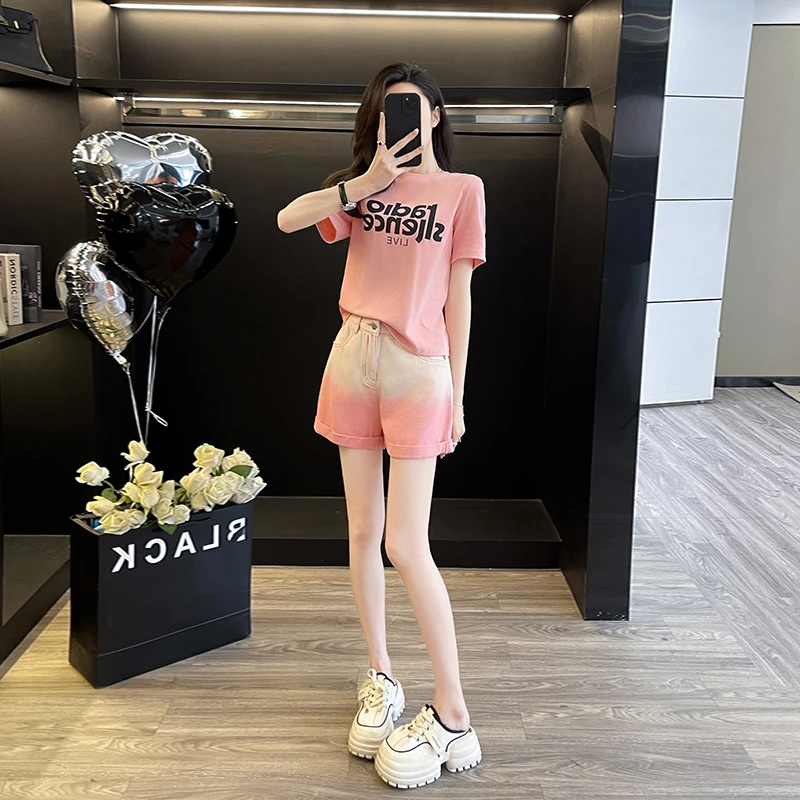 小个子穿搭时尚套装女夏季洋气减龄粉色T恤高腰短裤薄款两件套潮