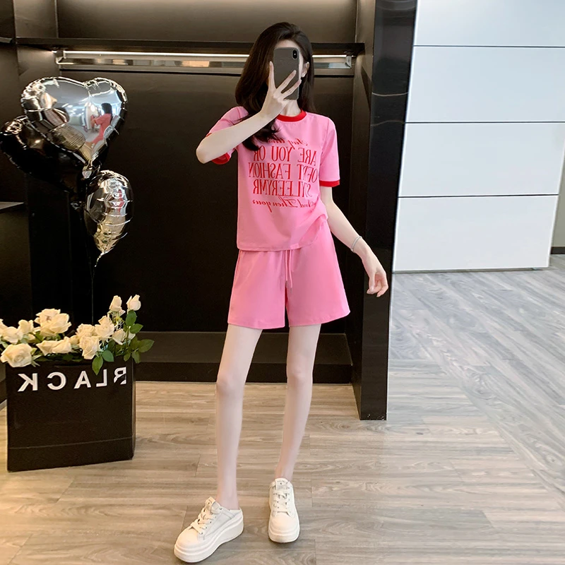 洋气减龄休闲运动套装女2024夏新款多巴胺粉色短袖t恤短裤两件套