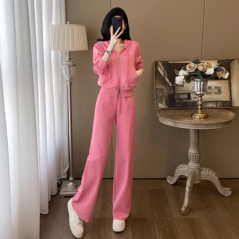 初恋盐系休闲运动套装女秋季洋气减龄粉色短外套上衣阔腿裤两件套