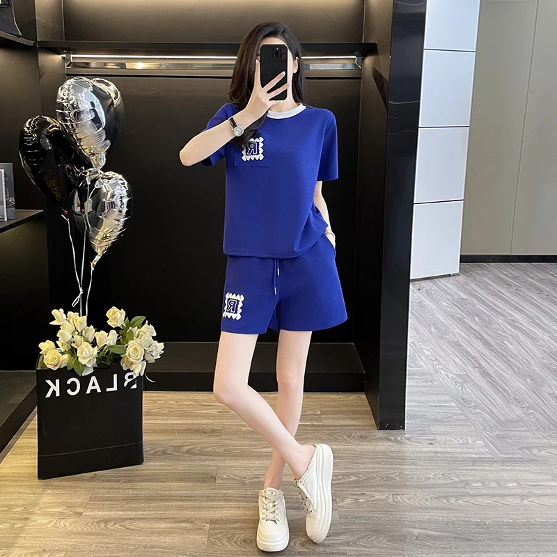 夏季新款蓝色时尚休闲运动套装女宽松显瘦减龄松紧腰短裤T恤潮