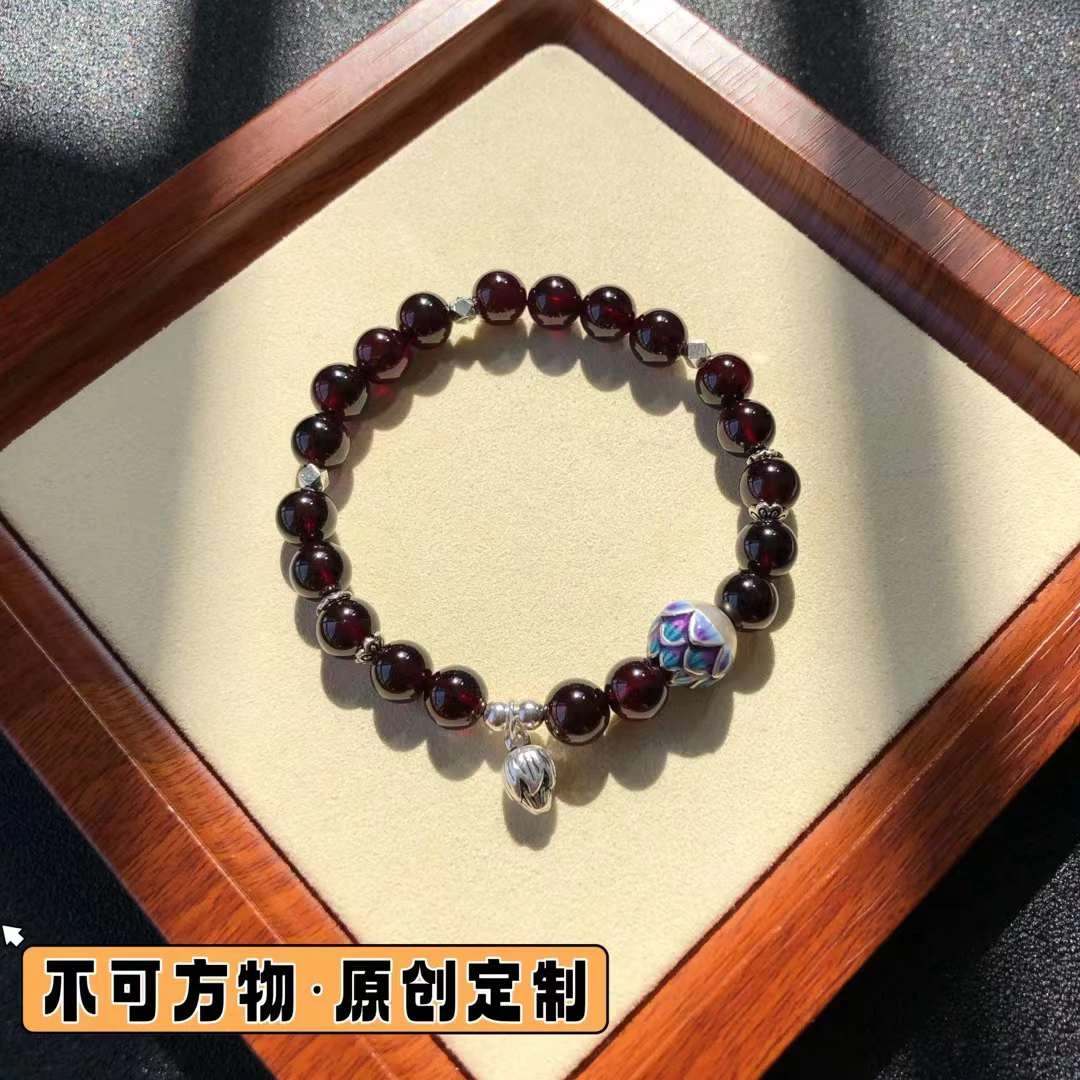 DIY定制-石榴石手链 搭配景泰蓝莲花银配件 莲蓬吊坠