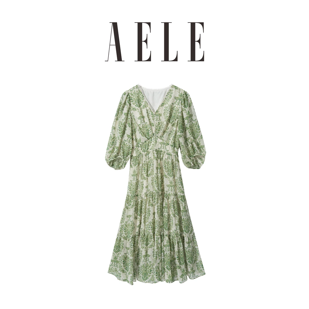 AELE L8F2 0666 D  【绿野仙踪】法式轻奢绿色碎花收腰泡泡袖连衣裙