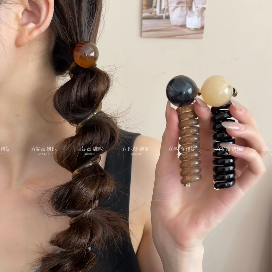 复古气质圆珠泡泡辫头绳女2024新款高级感扎马尾直条电话线发圈