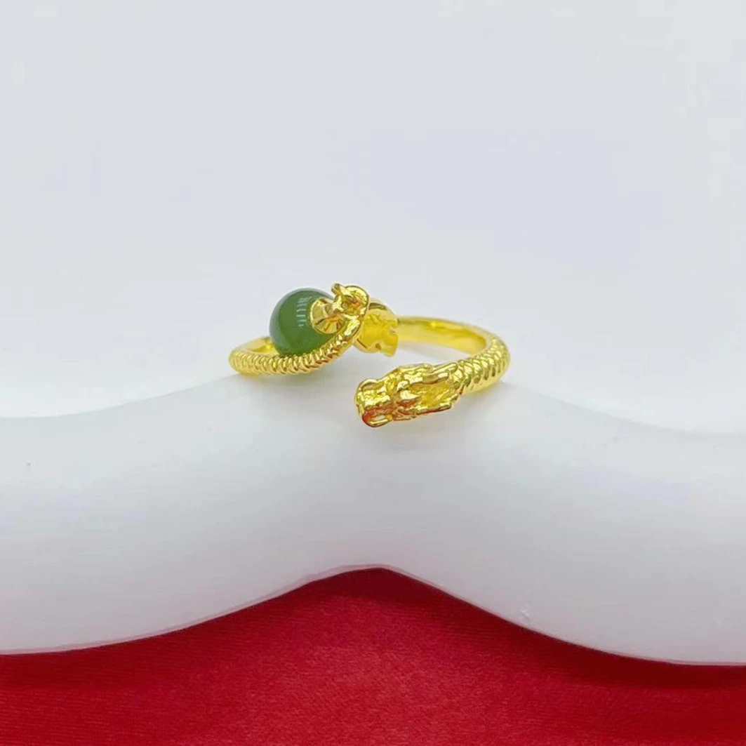 【强哥专属】和田玉神龙摆尾碧玉戒指送证书礼盒K288