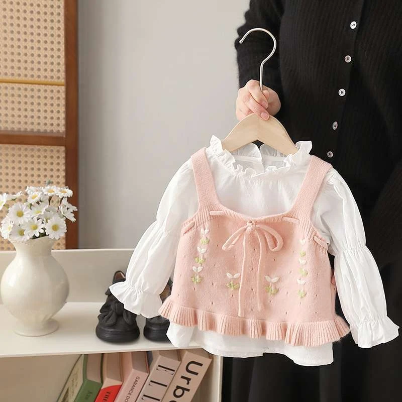 儿童毛衣马甲两件套女童吊带背心针织开衫婴儿坎肩外穿春秋季新款