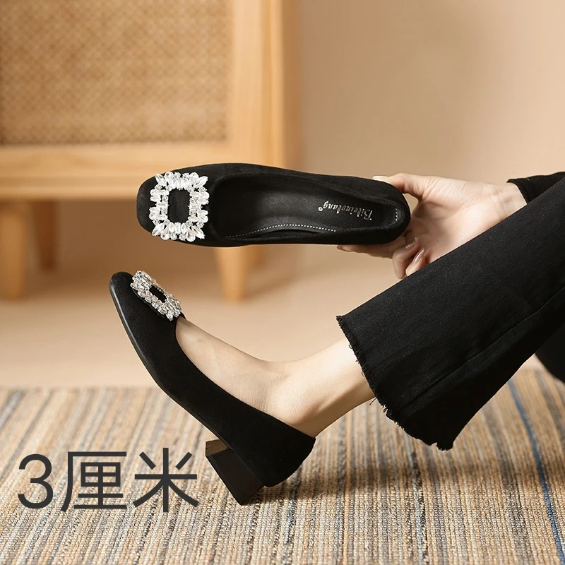 新款春秋方头低跟单鞋女通勤女鞋浅口水钻方扣不累脚粗跟鞋百搭