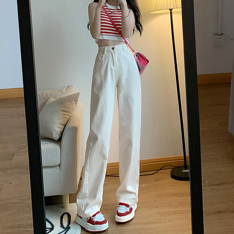白色高腰窄版阔腿牛仔裤女春秋新款韩版宽松显瘦直筒垂感拖地裤子