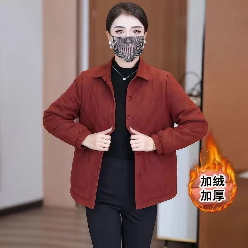 小个子加绒加厚棉服女菱形格保暖夹克上衣秋冬新款妈妈装别致外套