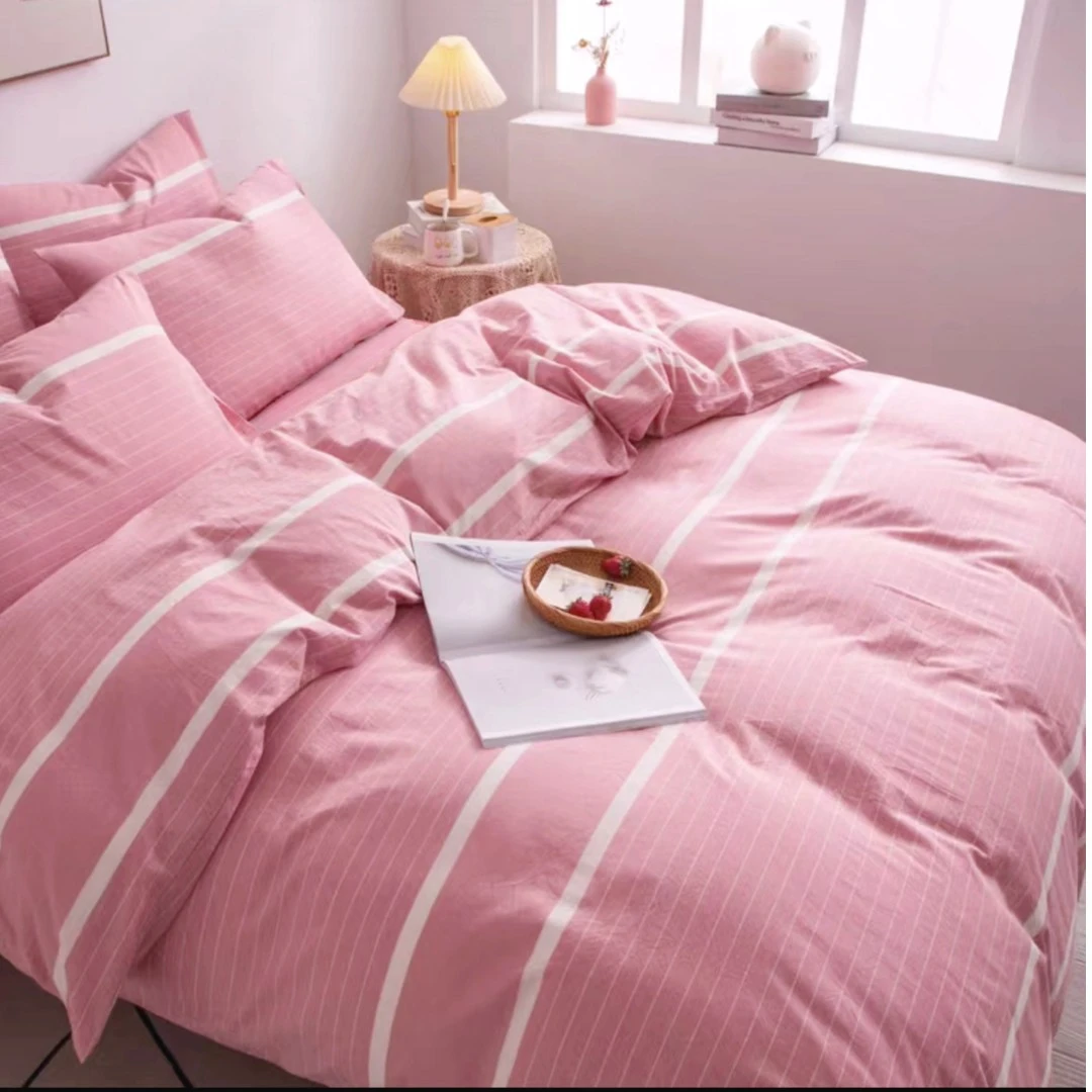 【午后阳光-粉】高质量A类母婴级全纯棉色织水洗棉床单被罩枕四件套