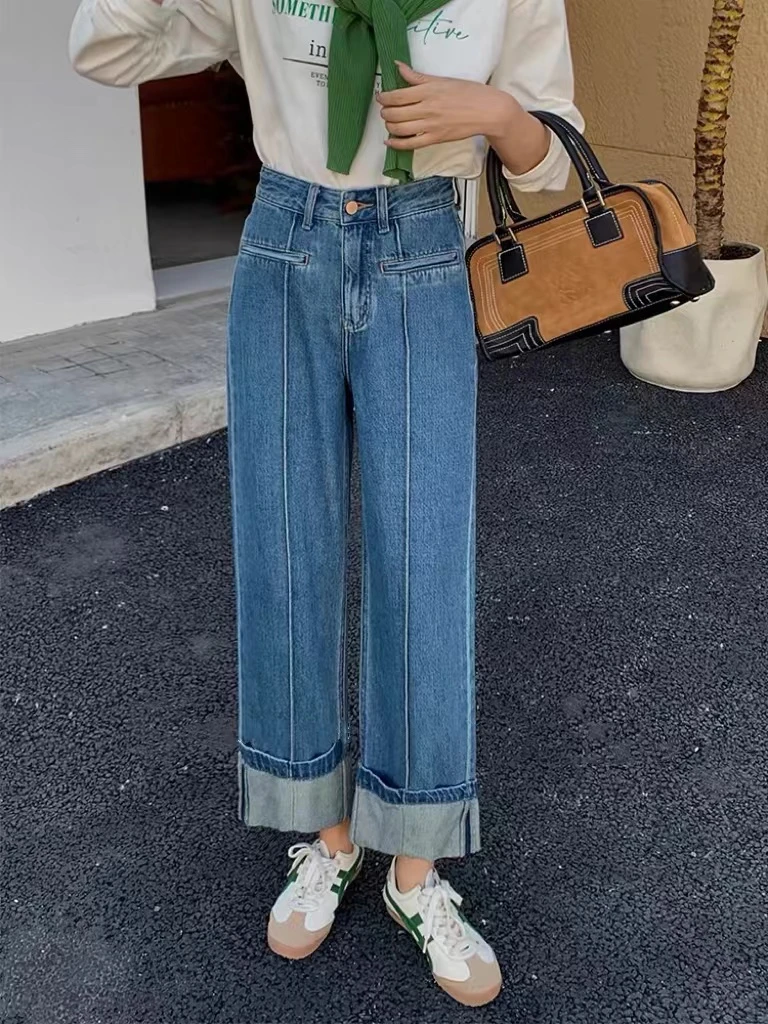 特价ba布#K01659#高腰无弹卷边九分直筒裤 宽松牛仔裤女