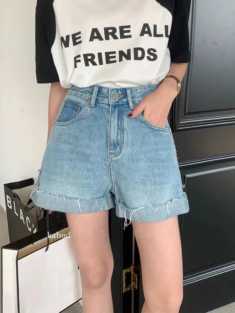 特价ba布#k81886# 高腰A字版 无弹牛仔短裤 翻边牛仔短裤女