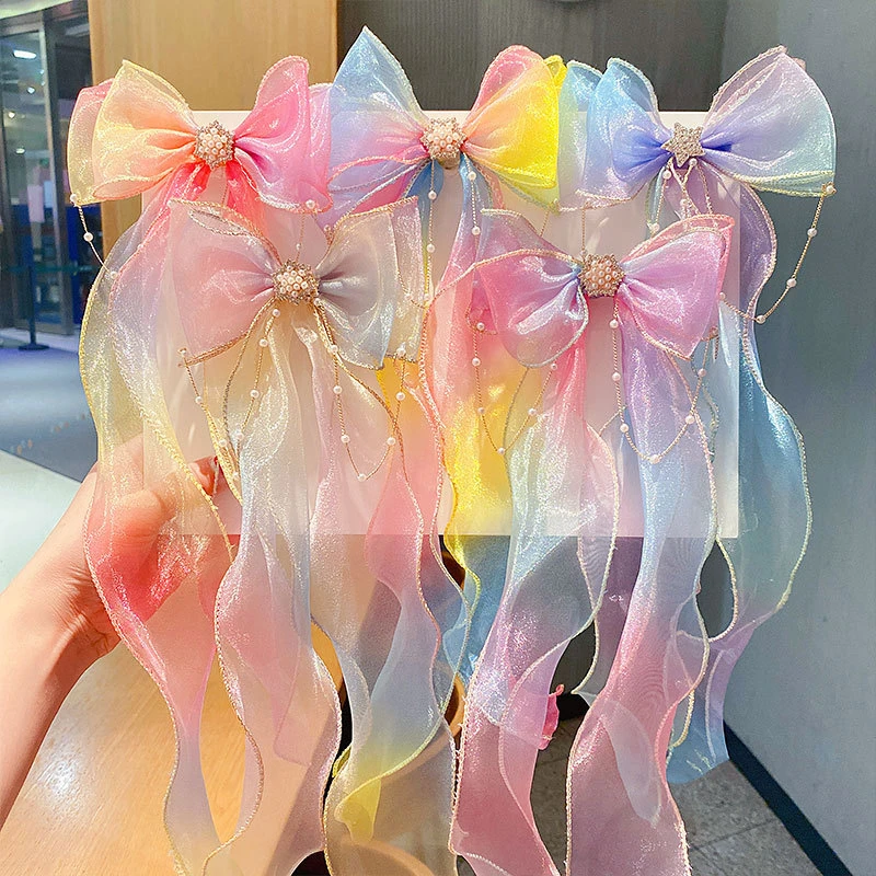 儿童发带女孩彩虹蝴蝶结编发发夹头饰马尾辫飘带发卡夏季女童发饰