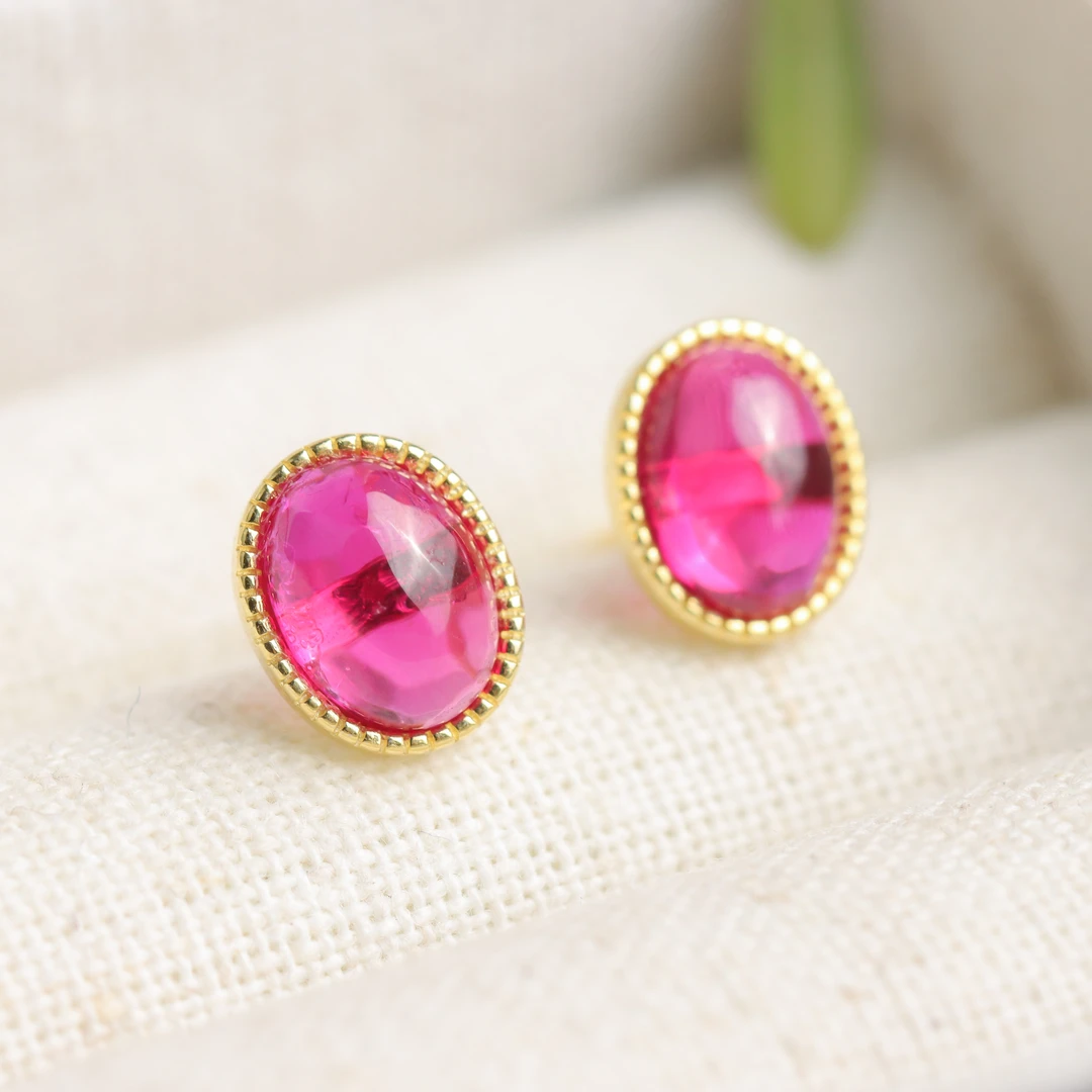 合成/培育 红宝石S925银镀金镶嵌蛋面简约百搭女款耳饰 2克拉