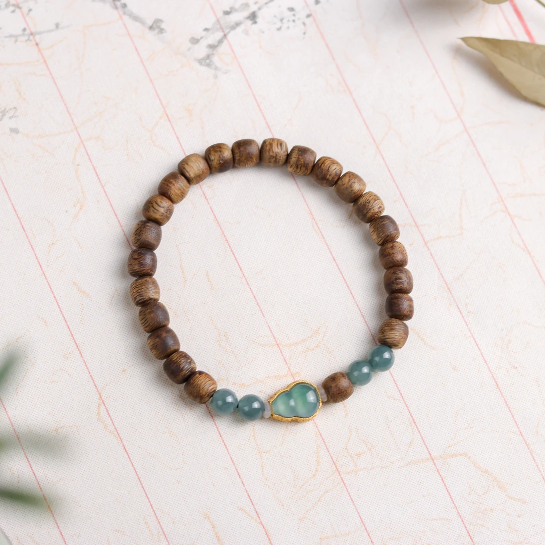 沉香奇楠沉香老型珠葫芦民族风复古女款单圈手串