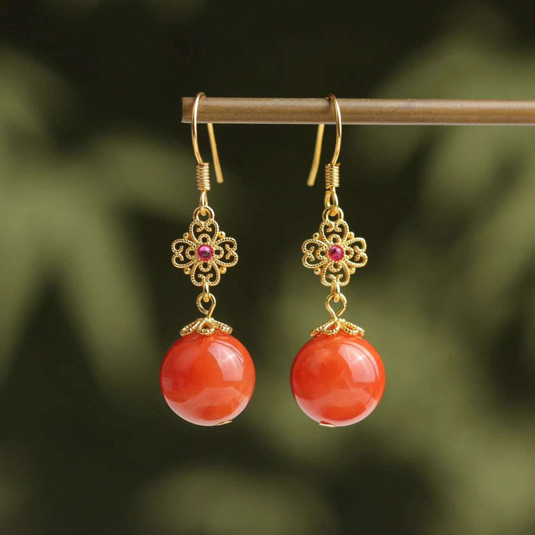 S925银镀金镶嵌南红玛瑙如意圆珠民族风女款耳坠