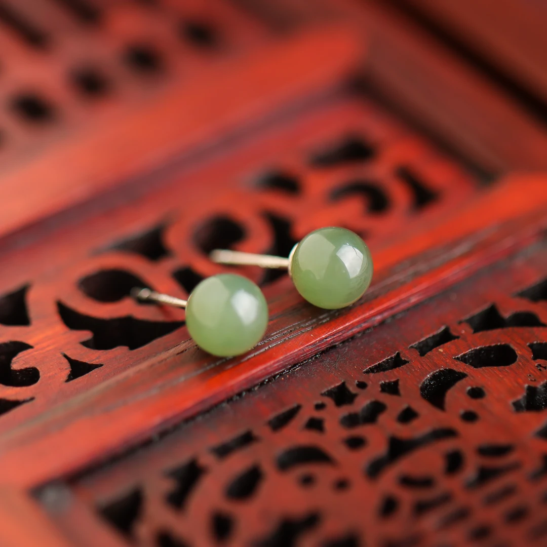 S925银素银镶嵌青玉圆珠时尚气质百搭简约送礼女款耳钉