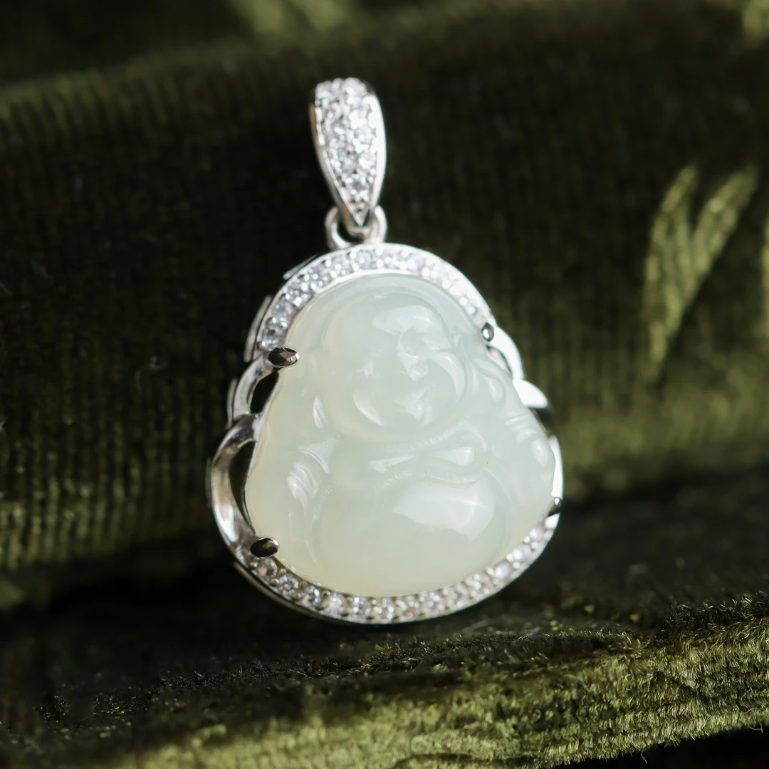 S925银素银镶嵌和田玉精雕佛公百搭送礼女款吊坠 不含链