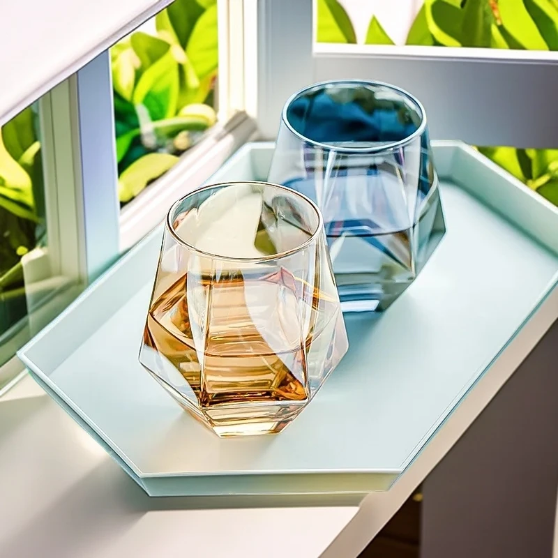 彩色六棱杯耐热高颜值杯家用六角玻璃杯饮料杯牛奶杯果汁杯喝水杯