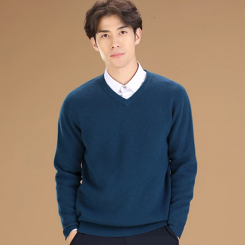 四平针双面织加厚羊绒衫男v领冬季纯山羊绒毛衣男中年纯色打底衫