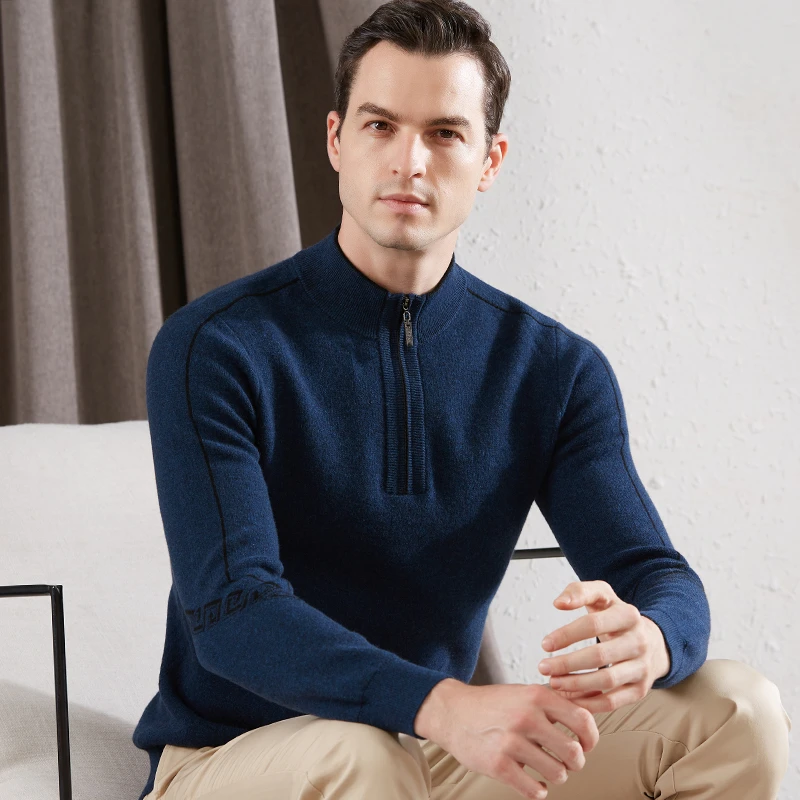 四平针加厚纯羊绒衫男款拉链半高领冬季山羊绒毛衣男中年宽松保暖
