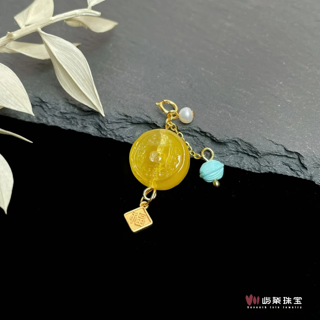 【要努力】C1138 蜜蜡银S925镶嵌 圆蜡松珍福牌小吊坠