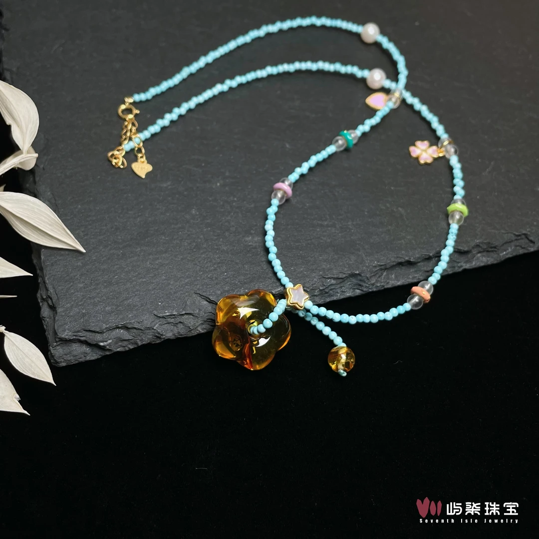 【要努力】A1048 绿松石银S925镶嵌 小m松松花珀花花项链