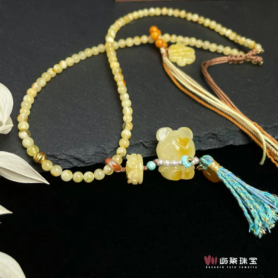 【要努力】A1146 蜜蜡银S925镶嵌 蜜蜡小熊珠珠颈饰