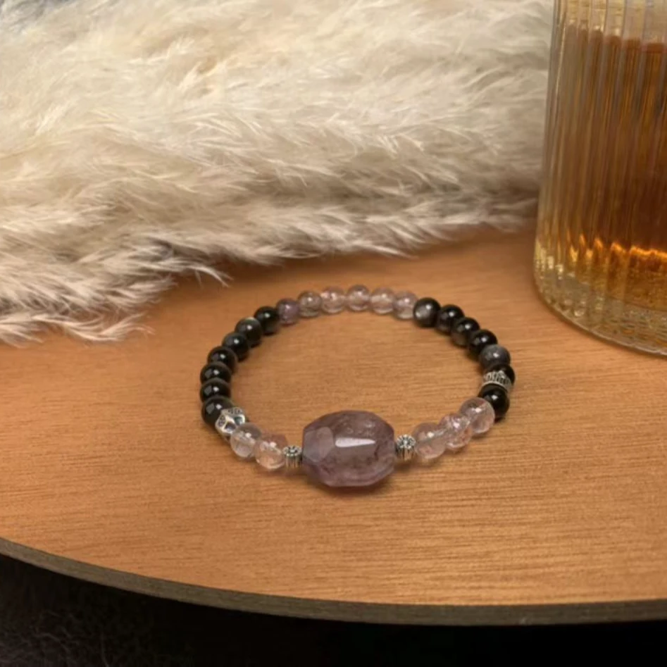 【要努力】F028 黑耀石银S925镶嵌 紫水银耀双拼手串