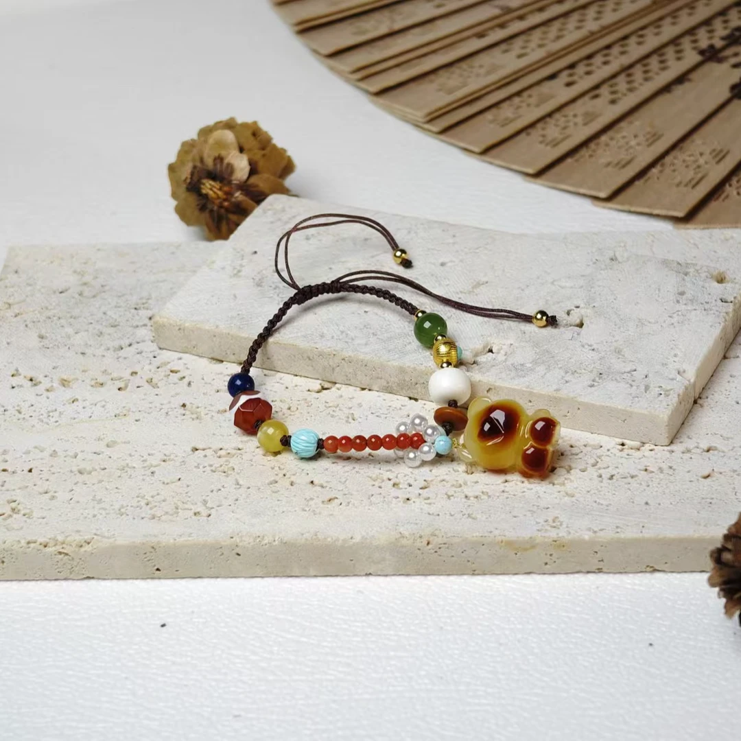 【要努力】B758 蜜蜡银S925镶嵌 蜜蜡小熊多宝手绳