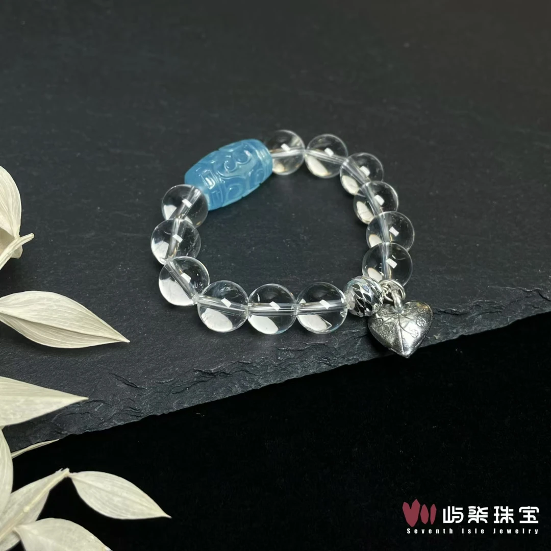 【要努力】F437 水晶银S925镶嵌 蓝璃 海宝眼珠白水爱心手串