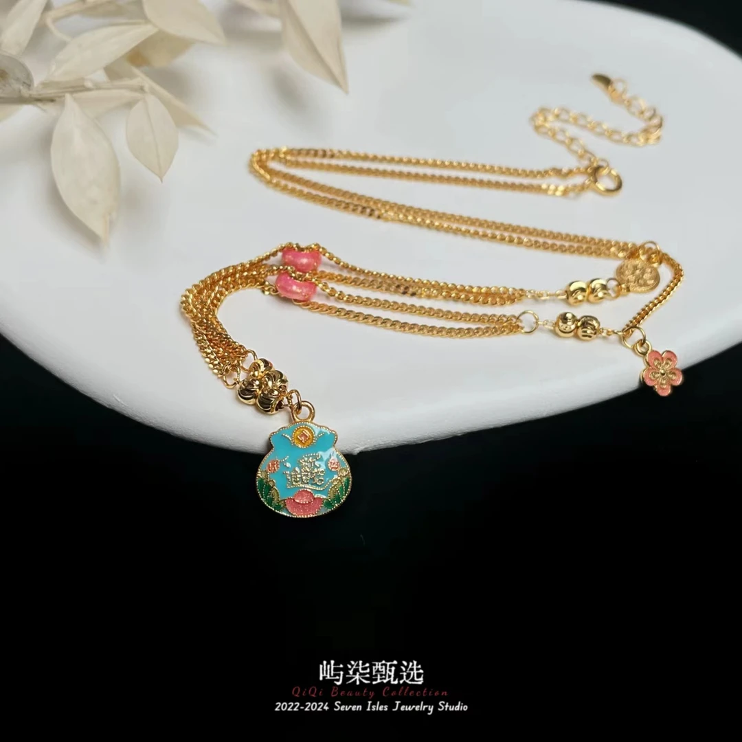 坠链均925银 【要努力】A977 925珐琅蓝色袋子颈饰