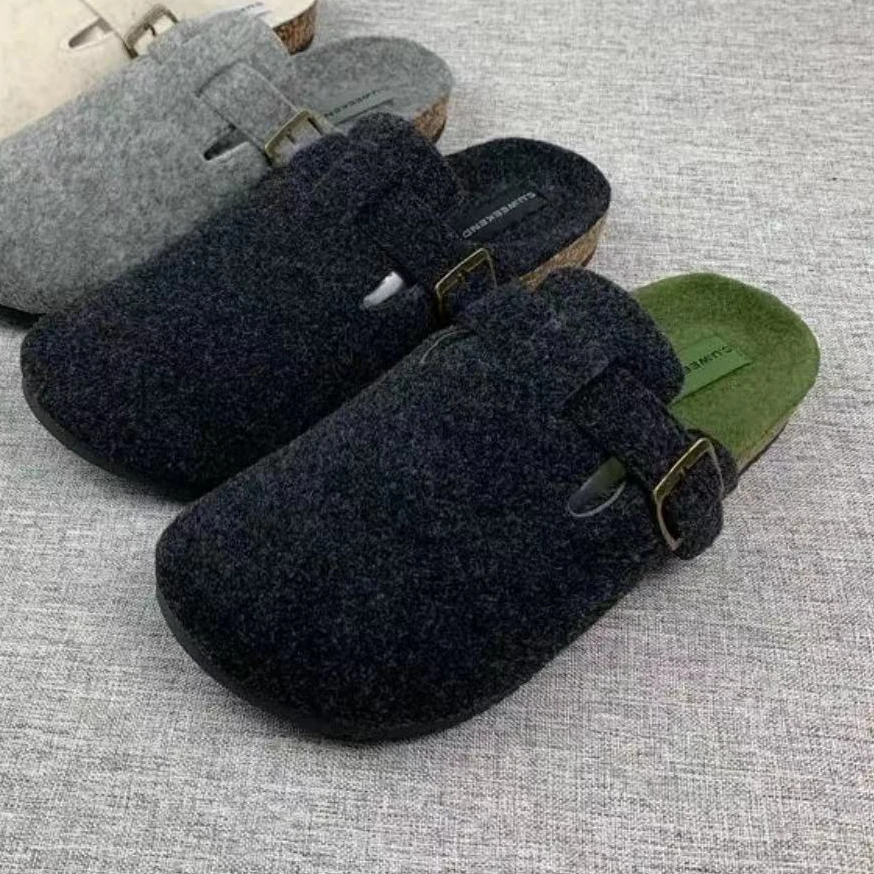意大利情侣款羊毛毡秋冬勃肯鞋包头半拖软木底防滑休闲懒人鞋