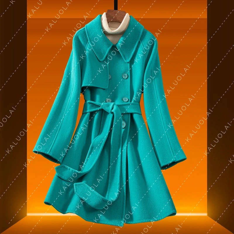 KALUOLAI/卡洛莱双面大衣女中长款2023冬新款气质小个子毛呢外套