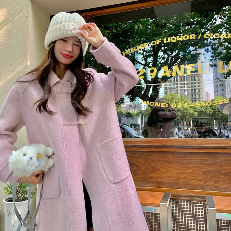 KALUOLAI/卡洛莱爱心扣双面羊毛大衣冬新款加厚气质显瘦呢子外套