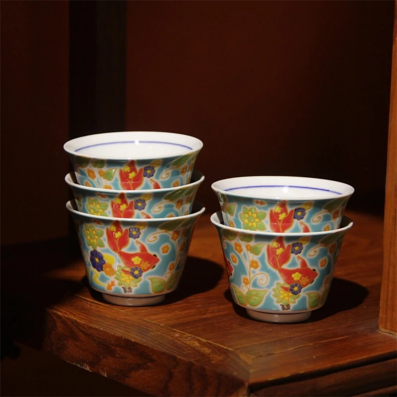 【闪购商品】 P213九谷交趾釉兰色金鱼重工手绘陶瓷茶杯五支装2333