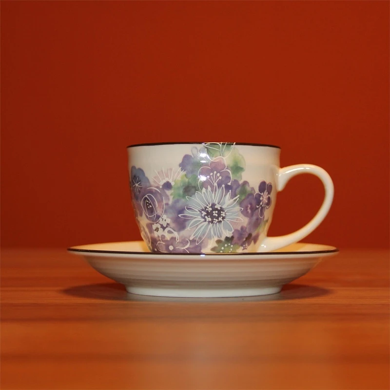 【闪购商品】M37九谷伯翠菊花紫色手绘陶瓷咖啡杯杯碟3569