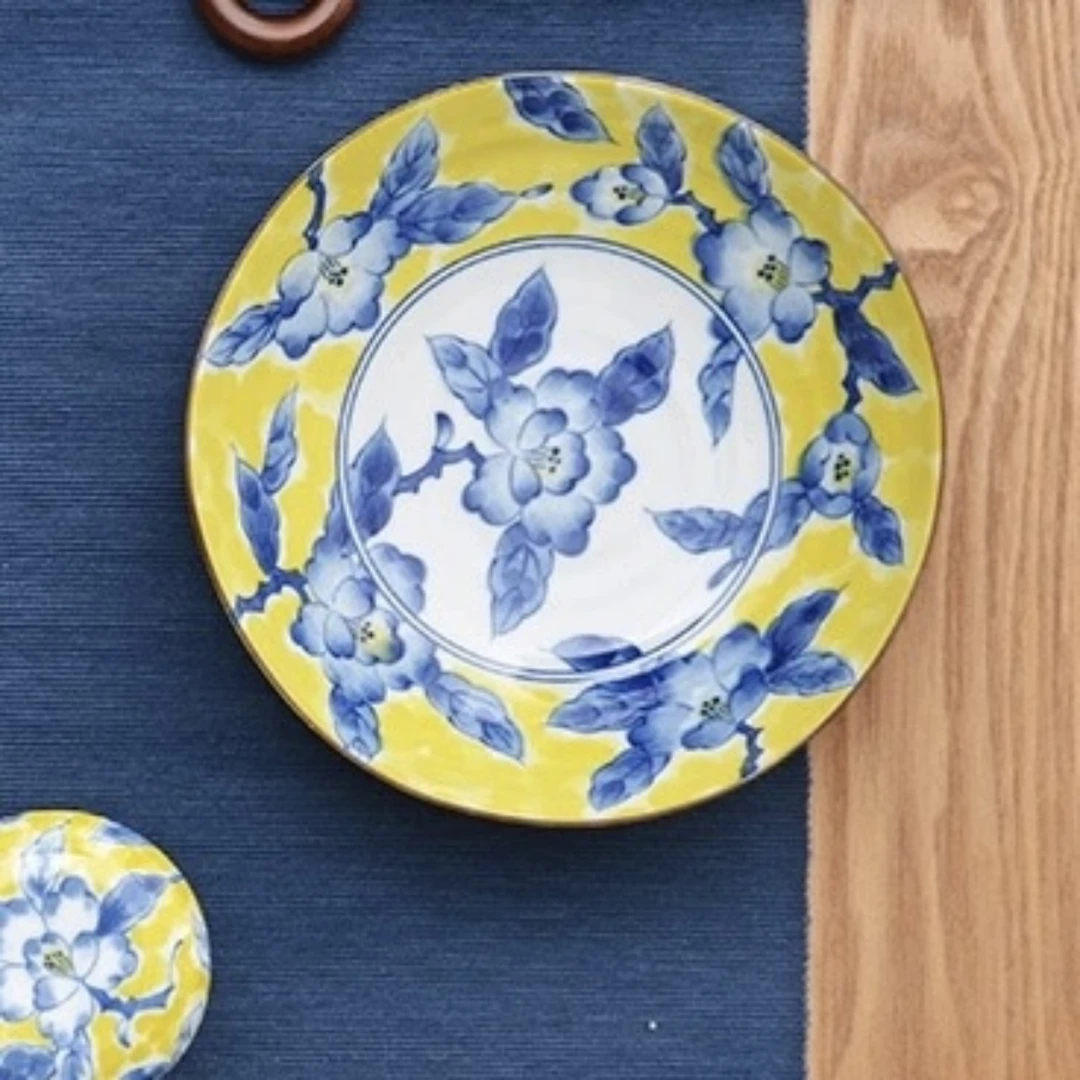 X49有古窑复古黄彩花内绘直径23cm手工家用陶瓷深盘单盘装2947